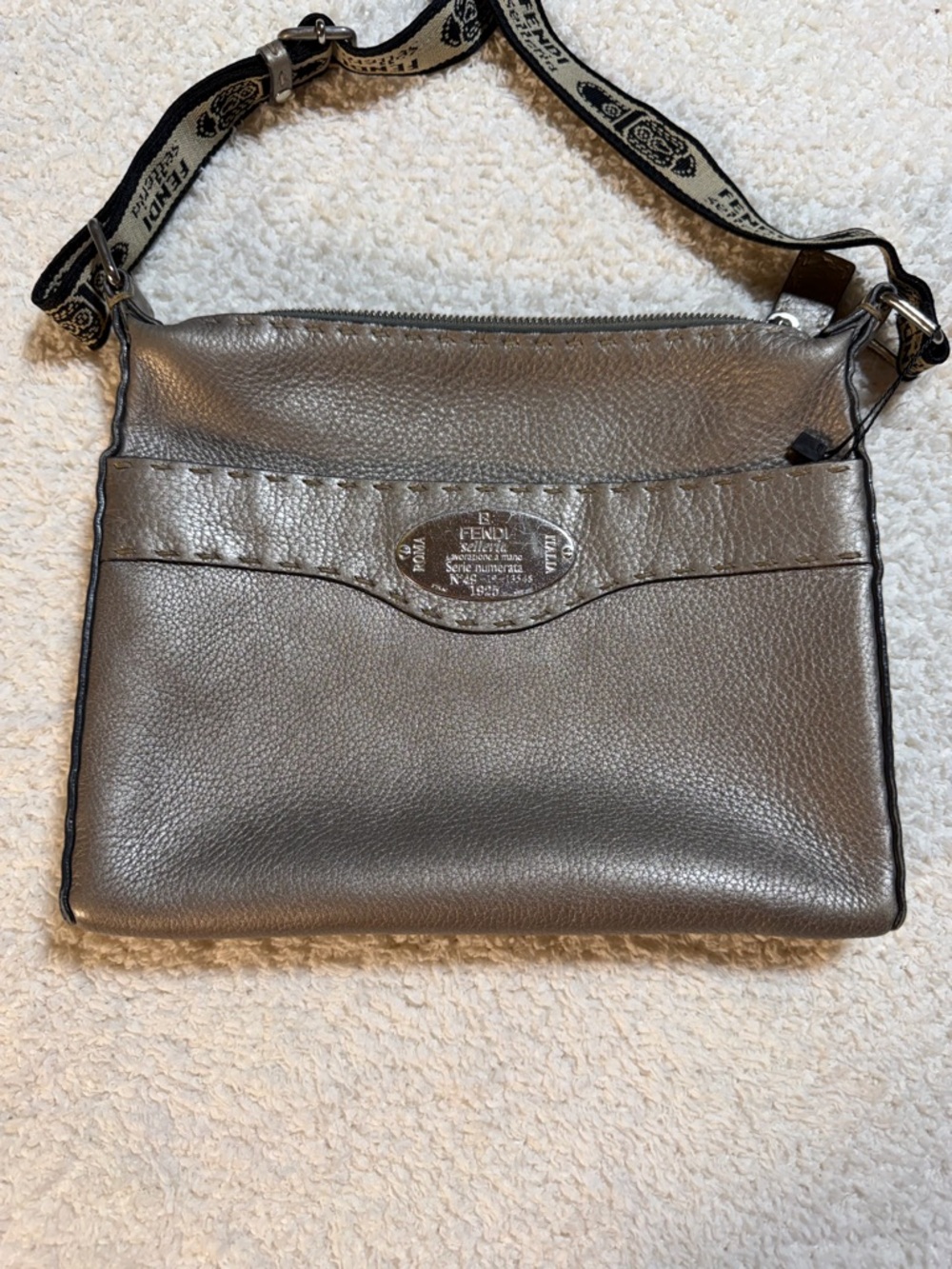 Fendi Metallic Pewter Pebbled Leather Shoulder Bag with Logo Strap